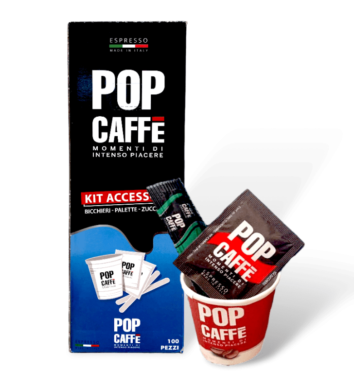 KIT ACCESSORI POP CAFFE' ( 100 BICCHIERI + 100 BUSTINE ZUCCHERO + 100 PALETTINE LEGNO)