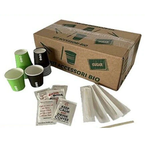 KIT ACCESSORI GENERICO ( 100 BICCHIERI  CARTA+ 100 BUSTINE ZUCCHERO + 100 PALETTINE LEGNO)