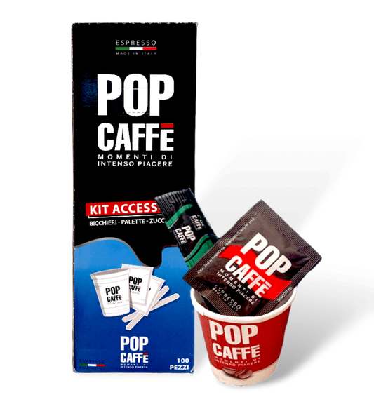 KIT ACCESSORI POP CAFFE' ( 100 BICCHIERI + 100 BUSTINE ZUCCHERO + 100 PALETTINE LEGNO)