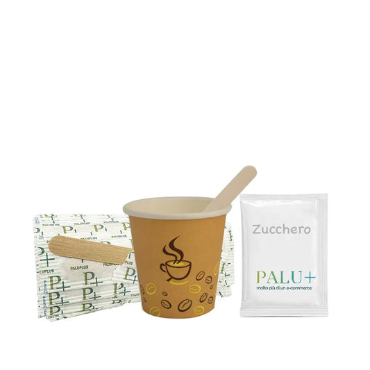 KIT ACCESSORI GENERICO ( 100 BICCHIERI  CARTA+ 100 BUSTINE ZUCCHERO + 100 PALETTINE LEGNO)