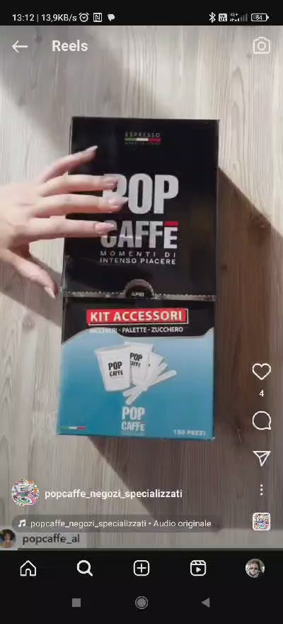 KIT ACCESSORI POP CAFFE' ( 100 BICCHIERI + 100 BUSTINE ZUCCHERO + 100 PALETTINE LEGNO)